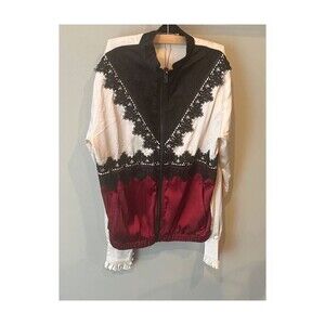 NWT Gimmicks by‎ BKE Colorblock Top Satin ZipUp Beige Red Black Lace Ruffle Cuff